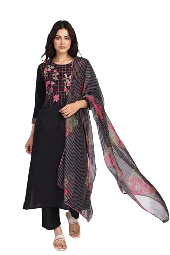 W for Woman Floral Embroidered Straight Woven Kurta with Pant and Dupatta Set - Black (WS12972-223738-XL)
