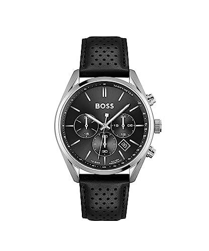 Hugo Boss Mens Leather Champion Analog Black Dial Watch-1513816, Band Color:Black