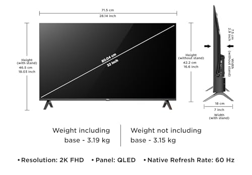 TCL 80 cms (32 inches) Smartchoice Full HD Smart QLED Google TV | Dolby Audio 24 watts | Ai Clarity | Metallic Bezel-Less | Multiple Viewing Mode | 32V5C