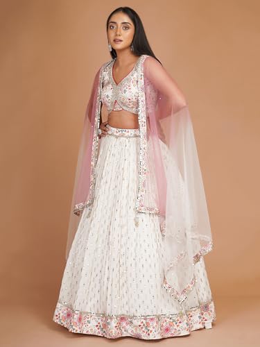 Zeel Clothing Women's Sequins Zari Embroidered Work Georgette Lehenga Choli With Dupatta (7070-White-Women-Lehenga-Choli-Latest; Free size) (White)