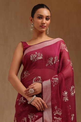 Soch Womens Wine Chanderi Warli Saree With Thread Work