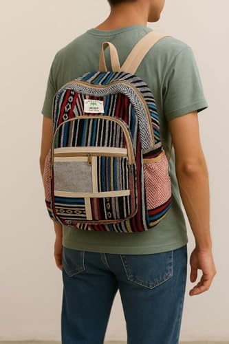 Kedar Kripa Hemp Pitthu Travel Bag Natural Hemp Material, Multicolor Striped Pattern, 3 Pocket Zipper Washable Bag For Man Woman And Boys Girls | Collage Bag Size H15 X L10 X W5 Inches