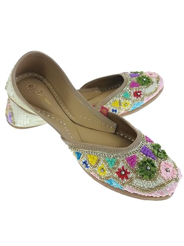 Fulkari Women Flowers Beige Gold Multi Formal Genuine Soft Leather Jutis | Bite and Pinch Free Juttis | Punjabi Jutti | Girl's Wedding Flat Ladies Mojari Ethnic Juti | 40