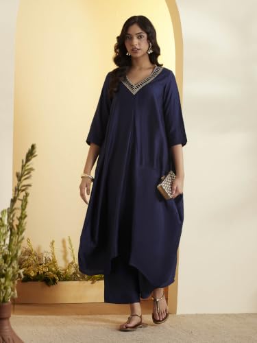 BIBA 88% Viscose 12% Silk Solid Work Wear Kalidar Kurta With Palazzo