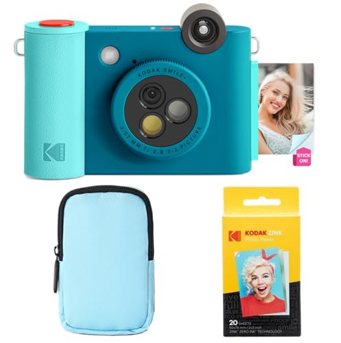 KODAK Smile+ 2-in-1 Digital Instant Camera & Photo Printer Starter Bundle - Deluxe Case + Zink 20pk Paper - 10MP, Rotating Lens - Blue