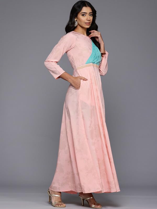 Ahalyaa Women's Crepe Empire Waist Maxi Casual Dress (AHEDCRFP-243 Pink