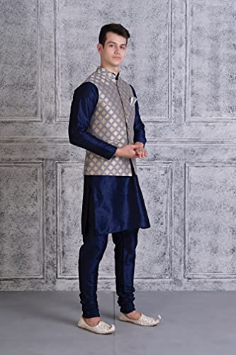 Ethluxis Men's Silk Blend Regular Fit Navy Kurta Pyjama Set With Bundi Nehru Jacket Waistcoat (44, Navy/Grey), 2XL
