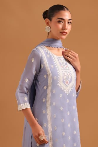 Soch Womens Blue Chanderi Botanical Embroidered Chikankari Embroidery Salwar Suit