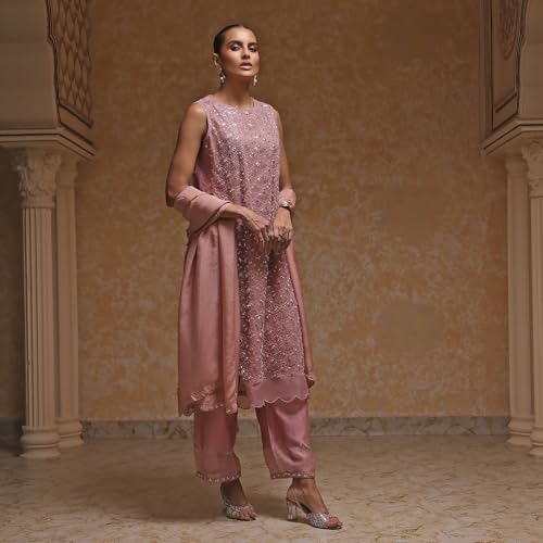 Biba Women's Poly Net Kurta Set (SKDGOGLM30957AW25PCH_Peach
