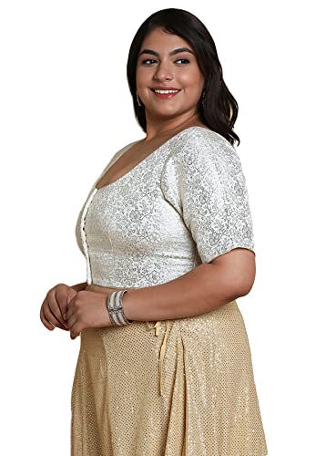 SALWAR STUDIO Women's Off White Brocade Readymade Saree Blouse-PLSSB00014-OFWH