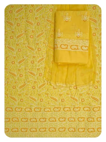 Ada Hand Embroidered Lucknowi Chikankari Unstitched Cotton Dress Material Suit Piece with Dupatta for Women 01A782873 Yellow