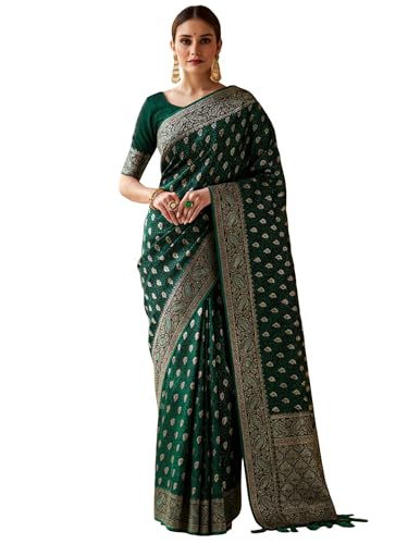 AKHILAM Women's Green Satin Silk Ethnic Motif Printed Saree With Unstitched Blouse Piece (KALASH1101_AI)