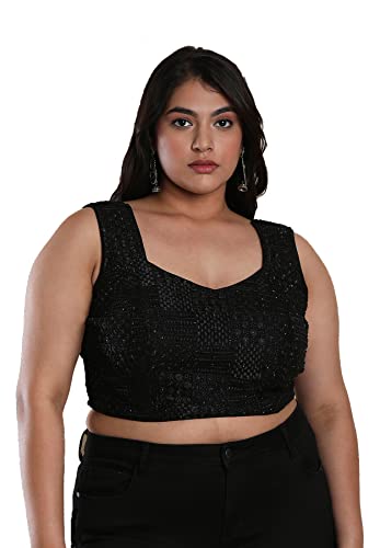 S SALWAR STUDIO Women's Black Silk Blend Readymade Saree Blouse-PLSSB00045-BLCK