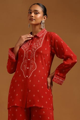 Soch Womens Red Crepe Bandhani Co-Ords Set With Beads
