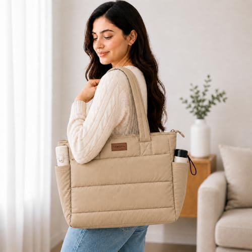 SENORA Quilted Tote Bag for Women | Nylon Tote Lightweight Padded Shoulder Handbag | Large Capacity Office, Travel & Daily Use Bag with Side Bottle Pocket & Zipper Closure (Cream)