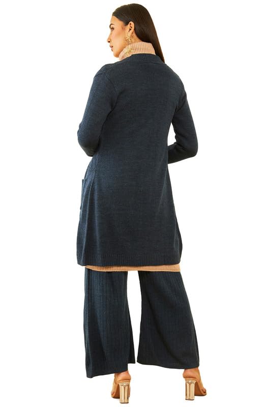 Soch Womens Navy Blue Acrylic Pointelle Knit Open-Front Longline Shrug with Pockets