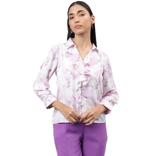 Latin Quarters Women Purple Full Sleeve Mandarin Collar Printed Top_L