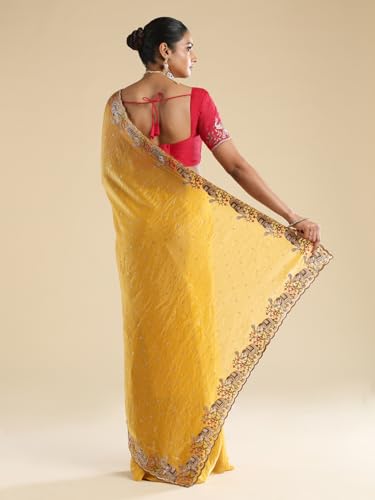 AKHILAM Women's Yellow Satin Elephant Embroidered Saree With Unstitched Blouse Piece (ANIKA2701_AG)
