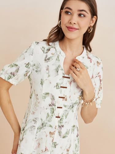 Latin Quarters Women's White Mandarin Neck Half Sleeves Printed Casual A-Line Dress_L