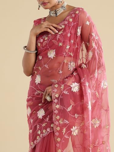 AKHILAM Women's Pink Poly Chiffon Embroidered Embroidered Saree With Unstitched Blouse Piece (ANIKA4204_AG)