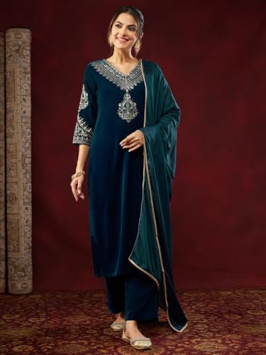 VARNI FABRICS: A lady's First Love Women's Teal Velvet Embroidered Salwar Suit With Chinon Dupatta, Festive Ethnic Wear (IN, Alpha, M, Regular)