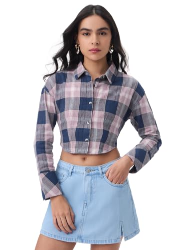 The Souled Store Cropped Shirt: Peony Women and Girls Full Sleeves Spread Collar Blue and Pink Plaid Cotton Oversized Fit Lightweight Comfortable All-Season for Casual Winter Wear Cropped Shirt