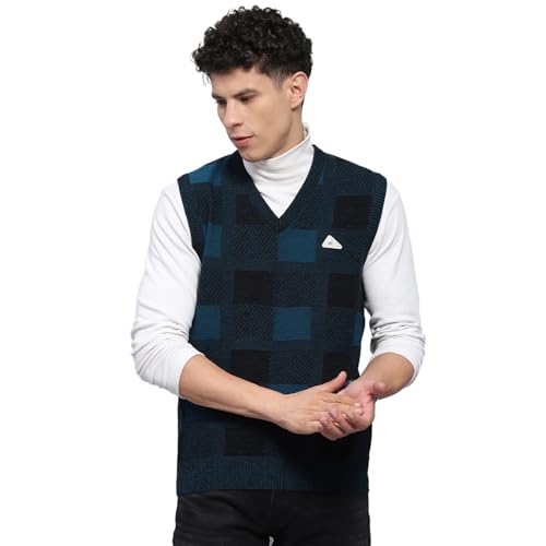 Monte Carlo Mens Self Design Navy Blue V Neck Sleeveless Sweater (1243243SL-2-40)