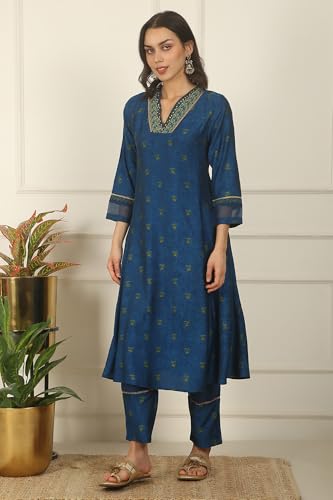 W for Woman Blue Floral Printed Embroidered Flared Kurta, Pants and Dupatta Set (Size: XL)-WS12127-124234