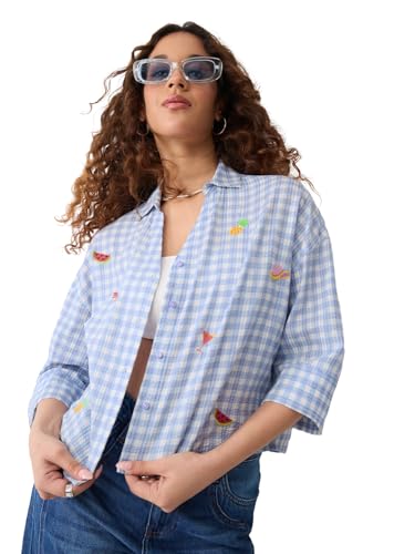 The Souled Store Summer Spritz Women and Girls Elbow Length Sleeves Collared Light Blue Embroidered Cotton Oversized Fit Lightweight Breathable Casual Shirt