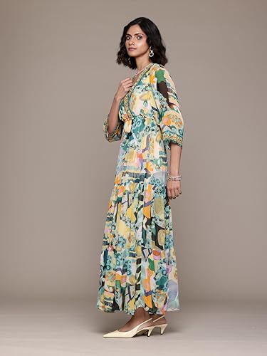 Label RITU KUMAR V Neck Short Sleeves Printed Long Dress Green