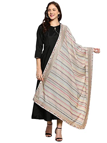 DUPATTA BAZAAR Women's Grey Striped Sequence & Pastel Embroidery Dupatta