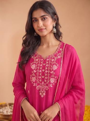 Varanga women's pink mul chanderi kurta set with chiffon dupatta