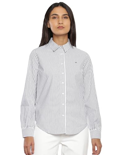 Tommy Hilfiger Navy Blue Cotton Stripes Shirt Collar Full Sleeves Relaxed Fit Women Shirt (F23HWWT016) Size-XXL