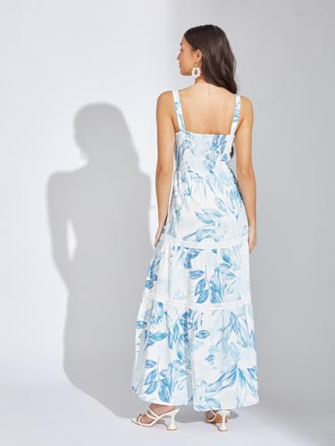 Latin Quarters Women Blue Floral Printed Maxi A-Line Dress | Square Neck | Sleeveless | Zip Closure