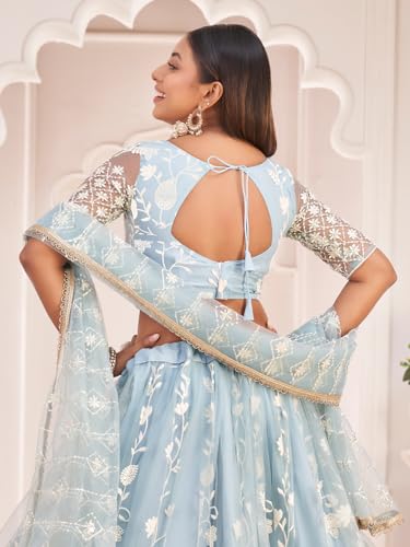 Zeel Clothing Womens Net Lehenga Choli Semi-Stitched Skyblue Wedding Bridal Free Size