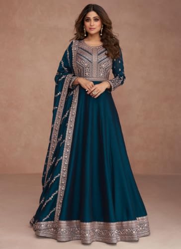 Omkar Textile's Anarkali Gown with Dupatta Set for Women, Chinon Fabric || Ethnic Gown (in, Alpha, XL, Regular, Teal Blue (Rama))