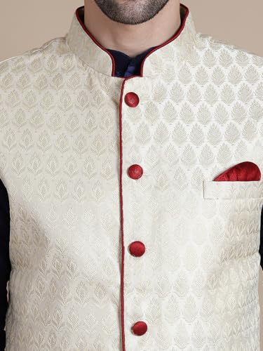 Uri and MacKenzie Men Kurta Dhoti with Waistcoat Jacket Blue Golden