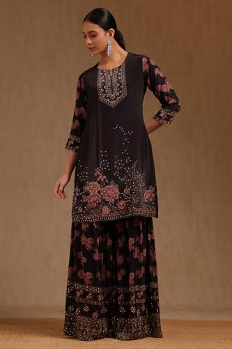Soch Womens Black Crepe Floral Print Suit Set With Beads