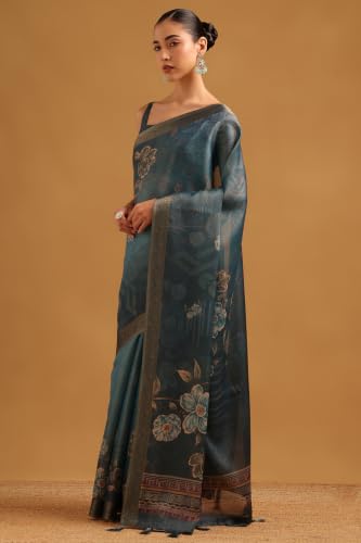 Soch Womens Blue Tissue Botanical Printed Saree