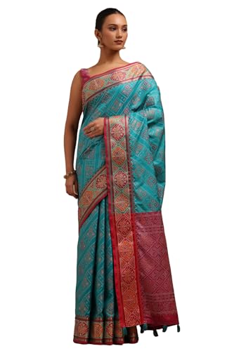 Soch Womens Turquoise Blue Silk Blend Woven Design Saree With Thread Work