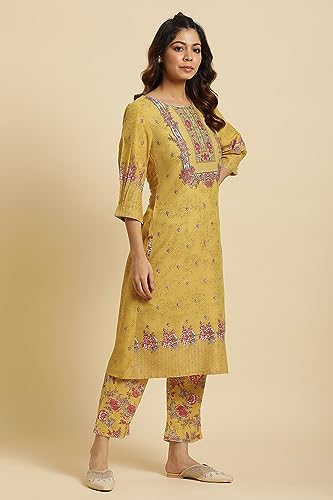 W for Woman Yellow Floral Printed Kurta, Pants and Pink Dupatta Set_24AUWS19723-121076_L