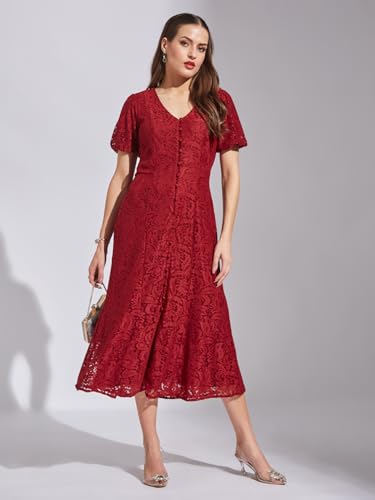 Latin Quarters Women Maroon Half Sleeves Casual Solid Dress_S