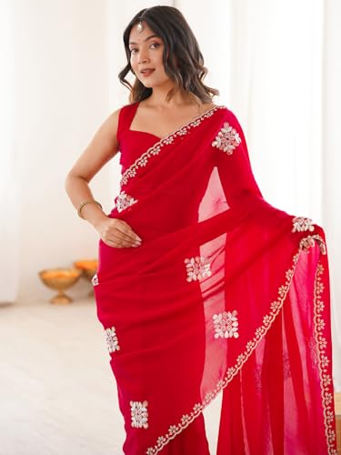 AKHILAM Women's Red Tissue Embellished Saree With Unstitched Blouse Piece (KRIYNS5407_KH)