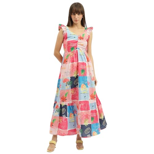 United Colors of Benetton V-Neck Printed Dress (Size:M)-25P4WVNDR185I72LM Multicolour