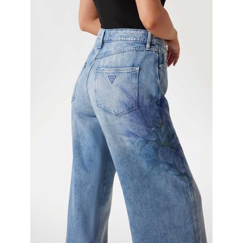 GUESS Women's Blue Printed Mid-Rise Wide Leg Jeans