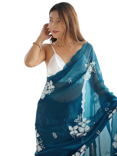 Satrani Women's Shimmer Chiffon Sequins Embroidery Saree with Unstitched Blouse Piece (3997S124NY_Rama Blue)