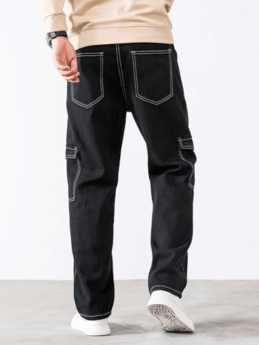 KOTTY Men's Solid Loose Fit Street Style Utility Wear Baggy Cargo Jeans(Black,28)