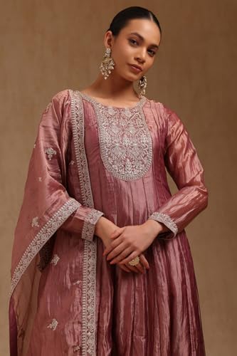 Soch Womens Onion Pink Tissue Embroidered Suit Set With Sequins