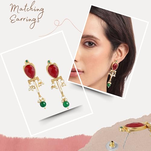 Mansiyaorange Two-Tone Plated Ruby Pearls Studded Bird Choker Necklace and Earrings Jewelry Set For Women Girls