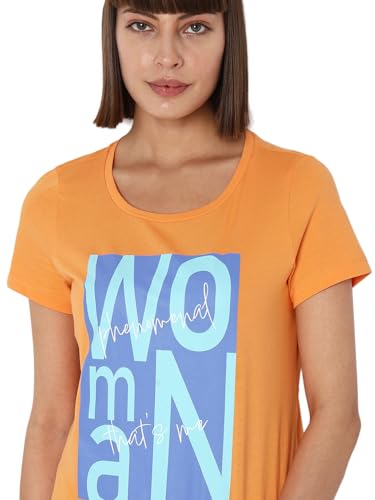 VERO MODA Women Printed Cotton Regular Fit Orange T-Shirt